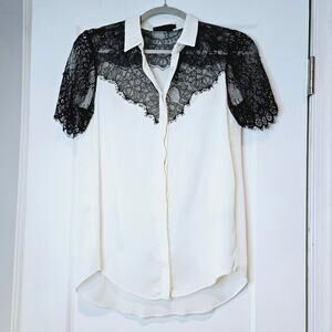 Hotel Particulier Lace Yoke Blouse Ivory Black XS Button Front